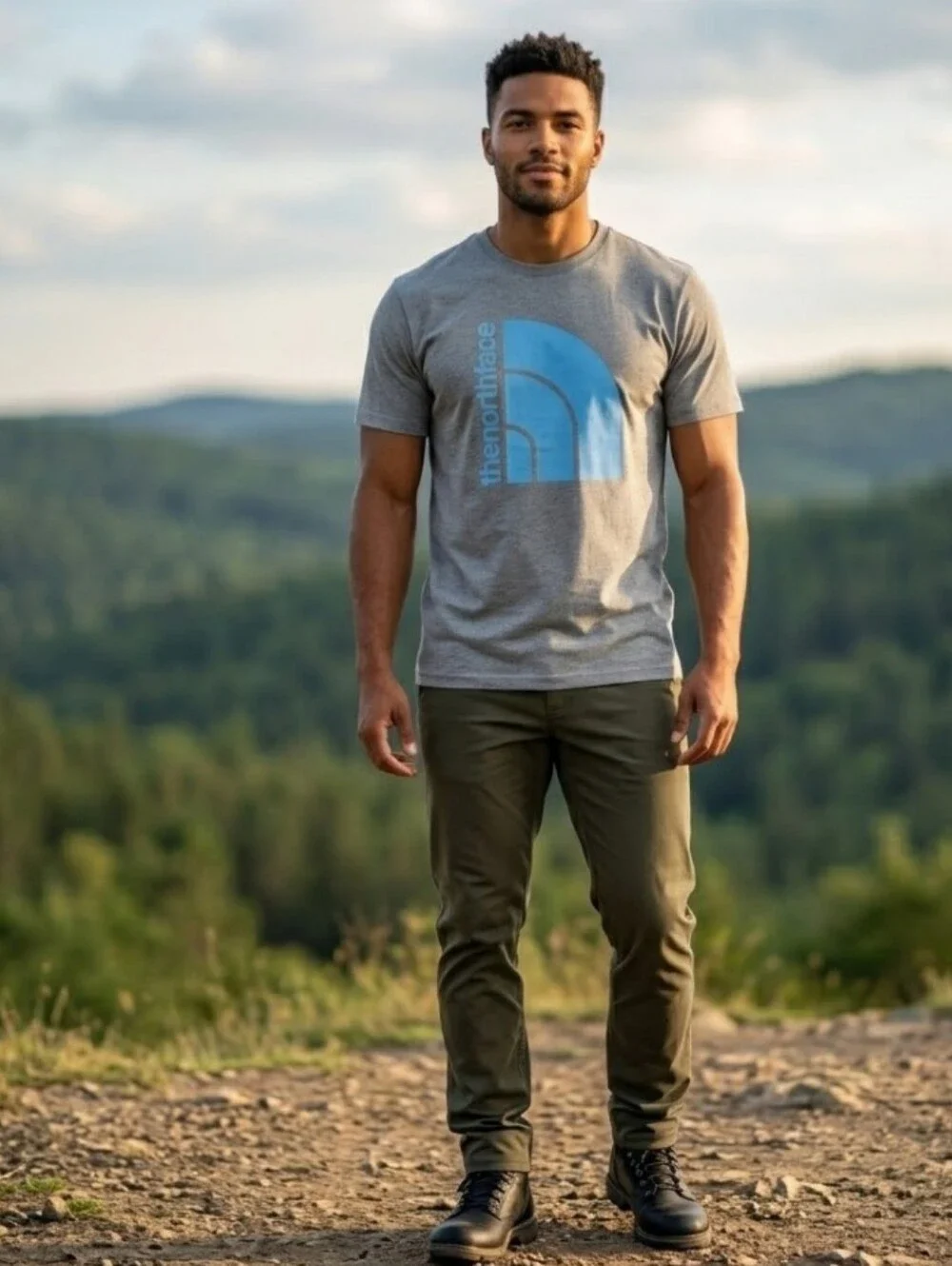 NEW! The North Face Men's Grey Logo Tee with Blue Graphic sz Medium